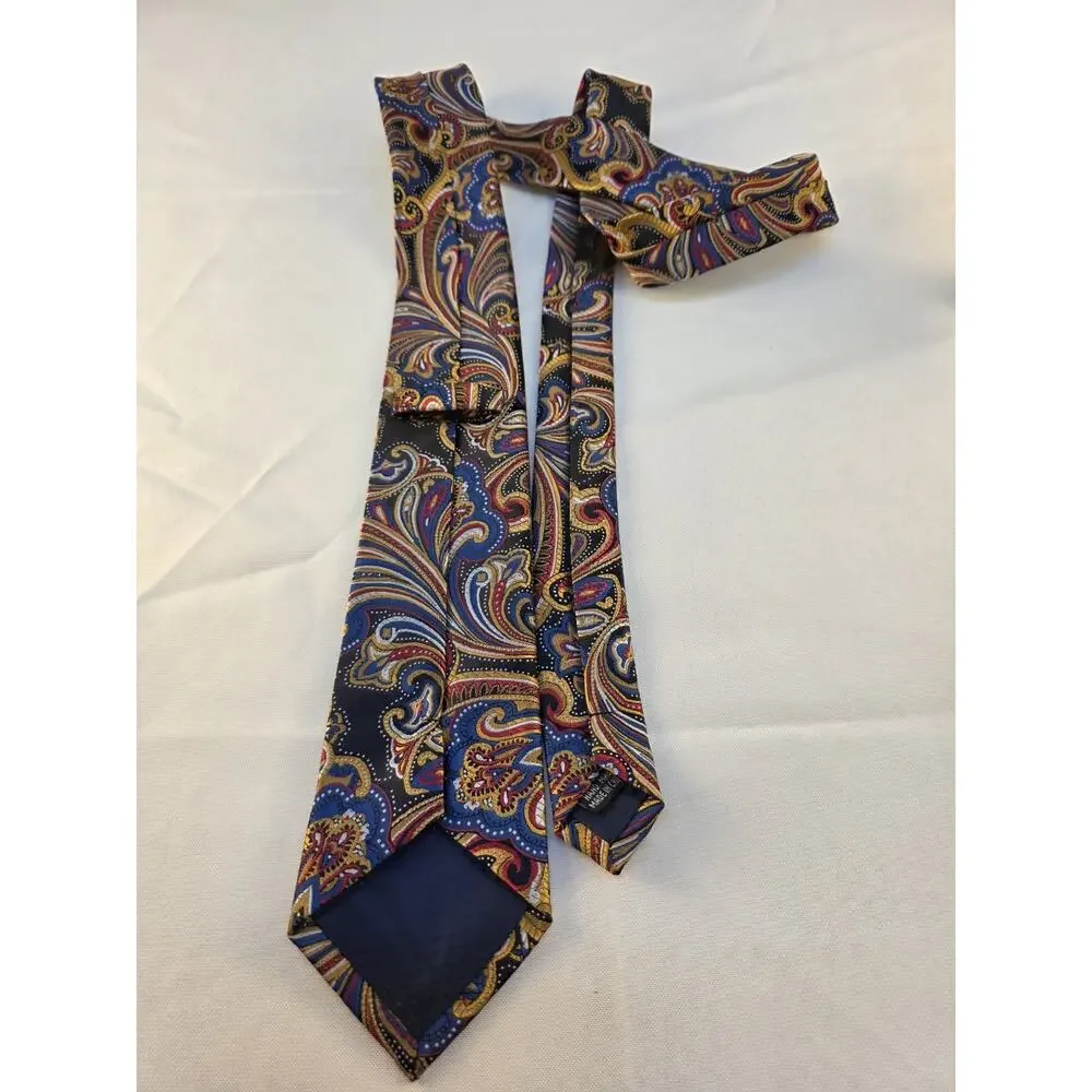 Classic Vintage Men's Tie Bright Paisley Blue Gold 100% Silk Jacquard Woven